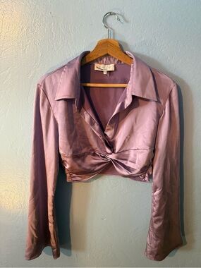 L'Academie Satin Twist-Front Crop Blouse in Lavender